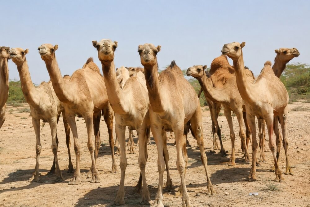 مجموعة من الإبل الصومالية في المرعى، من مصادر توريد الإبل إلى السوق المصري