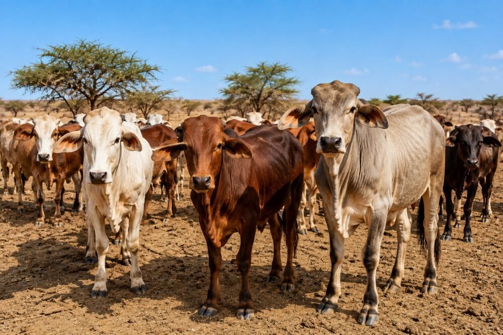 Calves of mixed colors on dry pasture, the kind of livestock prepared for supply shipments to Egypt